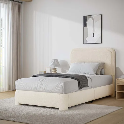 Vista 25 de BarnFurin Base de cama individual con cabecero, cama de plataforma tapizada Cloud Boucle, esquinas redondeadas suaves, no necesita somier, Beige