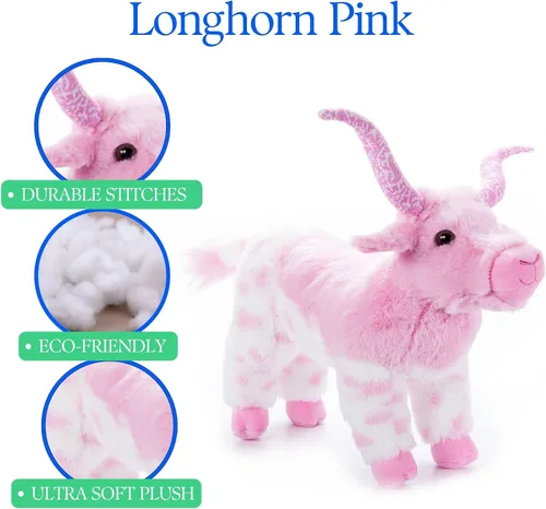 Vista 6 de The Petting Zoo Longhorn - Peluche de animal de peluche, regalos para niños, animales salvajes de Onez, juguete de peluche rosa de cuerno largo, 12