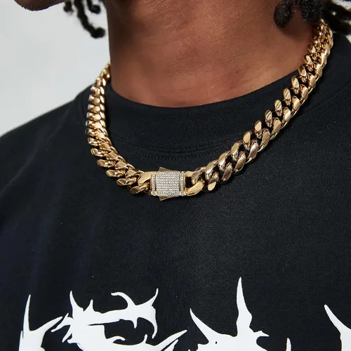 Vista 6 de SUNFERE Cuban Link BraceletNecklace for Men 81014mm 18K Gold Plated 316L Stainless Steel Diamond Clasp Hip Hop Bracelets for Men Jewelry Gift