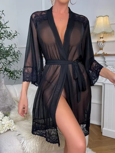 Vista 7 de WDIRARA Bata tipo kimono con cinturón y manga 34 con encaje floral para mujer