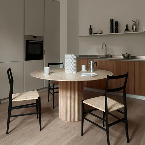 Vista 12 de Mesa de comedor de madera moderna de mediados de siglo, pequeñas mesas de cocina redondas de madera con patas de madera, mesa de comedor redonda