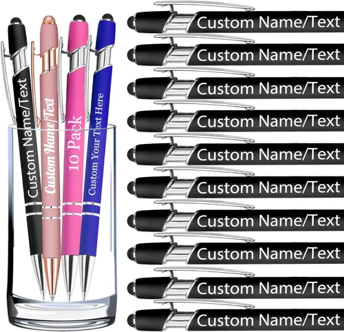 Vista 14 de Bolígrafos personalizados con nombre, paquete de 10 bolígrafos personalizados a granel, bolígrafo de tinta negra grabada con punta de lápiz óptico