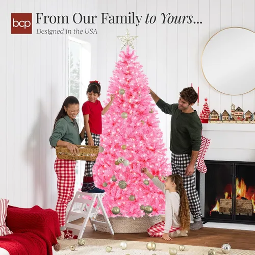 Vista 90 de Best Choice Products Árbol de Navidad azul bebé preiluminado de 6 pies, decoración navideña artificial completa con 947 puntas de rama, 250 luces