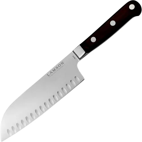 Vista 8 de Lamson Cuchillo Santoku de mango de fuego forjado Premier de 7 "con borde Kullenschliff (festoneado)