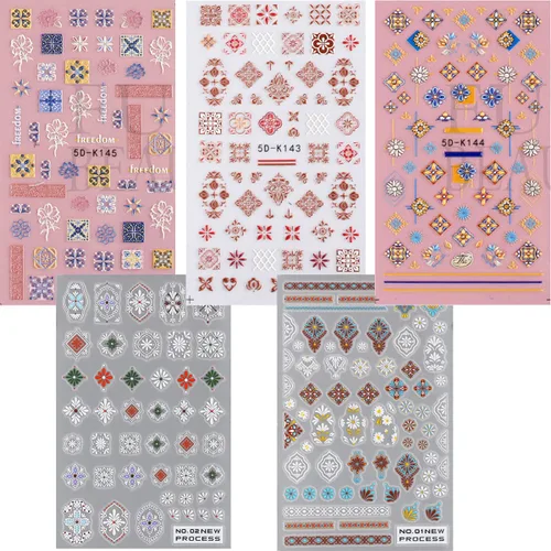 Vista 2 de Calcomanías de arte de uñas 3D, estilo retro, autoadhesivas, suministros de uñas, tótem de flores, calcomanías de uñas para mujeres, decoración