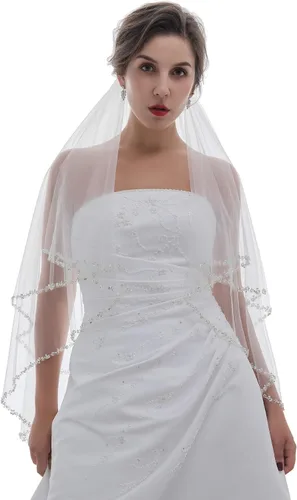 Vista 2 de SAMKY 2T 2 Tier Pearls Silver Beaded Bridal Wedding Veil