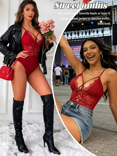 Vista 4 de Buitifo Lencería de una sola pieza estilo babydoll para mujeres, de malla transparente, con detalle de lazo entrecruzado, escote en V