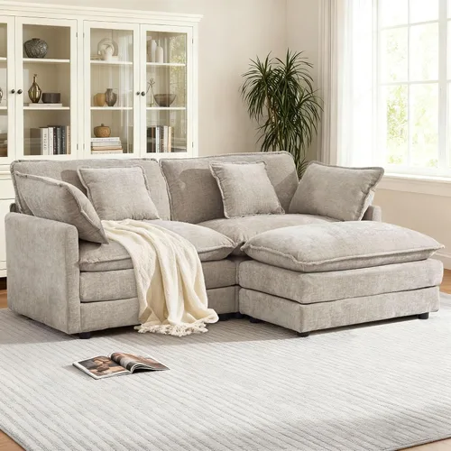 Vista 23 de KIVENJAJA - Sofá modular en forma de U extragrande tipo nube, chenilla moderna de 4 plazas con asiento profundo para sala de estar y oficina, con 2
