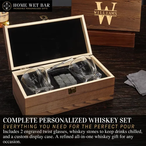 Vista 4 de Vasos de Whisky Personalizados – Juego de vasos de whisky con giro personalizado y grabado y estuche de exhibición con piedras de whisky de Home Wet