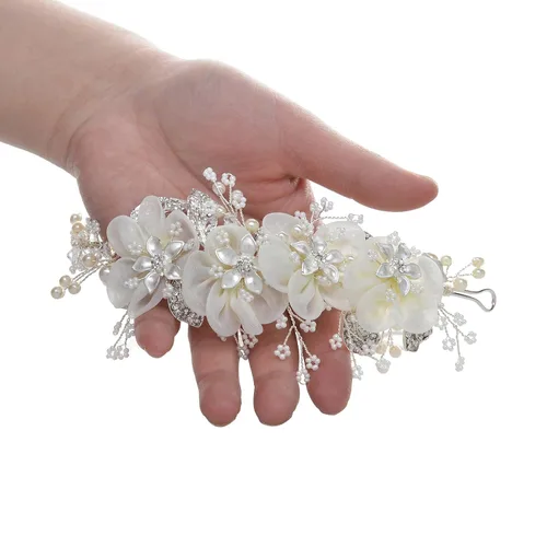 Vista 5 de SWEETV Diademas nupciales de flores marfil para boda, bandas para el cabello, accesorios para el cabello para mujeres novias