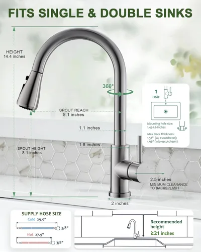 Vista 6 de VFAUOSIT - Grifo de cocina con rociador extraíble, grifo de fregadero de cocina sin plomo, níquel cepillado, acero inoxidable, arco alto, extracción