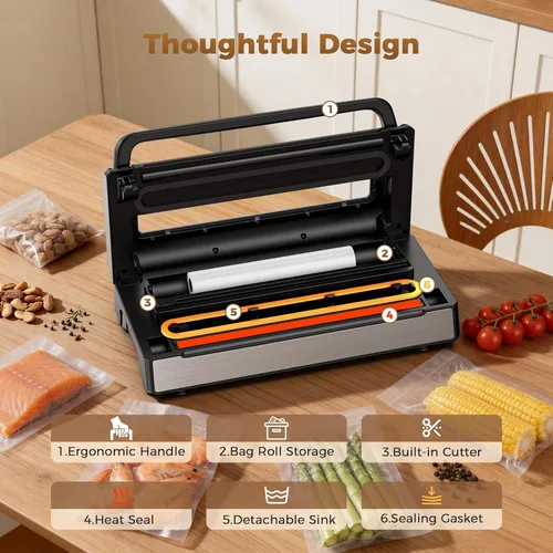 Vista 3 de Máquina selladora al vacío para alimentos, ahorro automático multifuncional de alimentos para sellado seco, húmedo y recipiente, cortador integrado