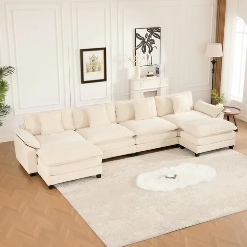 Vista 124 de Sofá seccional modular beige de 117.3", sofás seccionales grandes de 3 plazas para sala de estar, sofá nube oversized de tela chenille con otomana