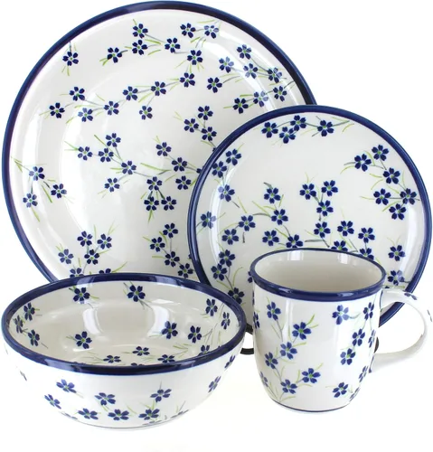 Vista 8 de Cerámica polaca de rosas azules, juego de vajilla de 16 piezas con diseño de mariposa floral roja, 4 lugares, ideal para cenas diarias, comidas