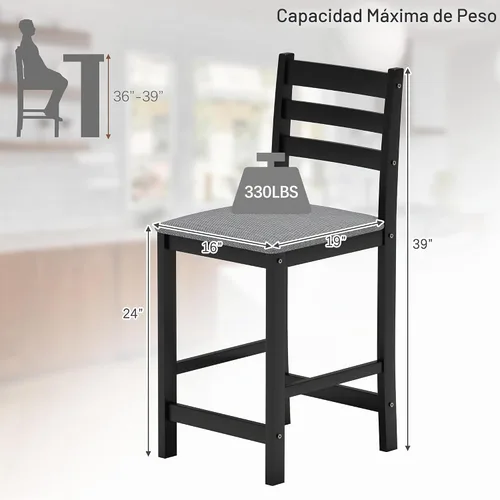 Vista 2 de 24'' Counter Height Bar Stools Set of 2, Solid Wood Island Chairs for Kitchen, Stools for Kitchen Counter, Black Negro