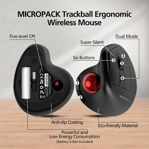 Vista 2 de MicroPack Ratón inalámbrico ergonómico con Trackball y 5 DPI ajustables, fácil control del pulgar, seguimiento preciso y suave. Ratón Bluetooth