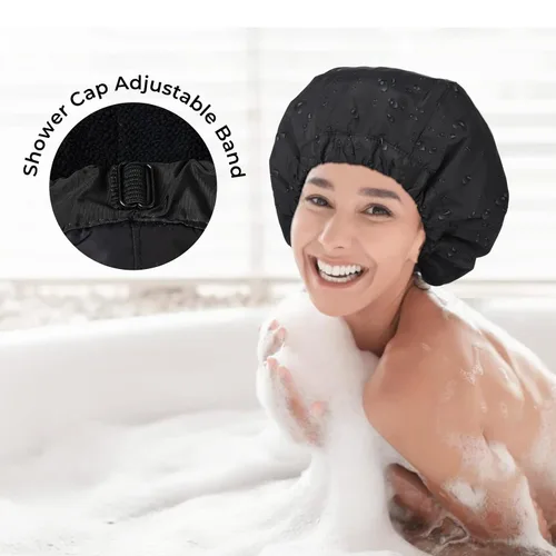 Vista 4 de Gorro de ducha para mujer, gorro de baño negro, reversible, grande, impermeable, ajustable, forro de rizo y banda elástica, dobladillo elástico