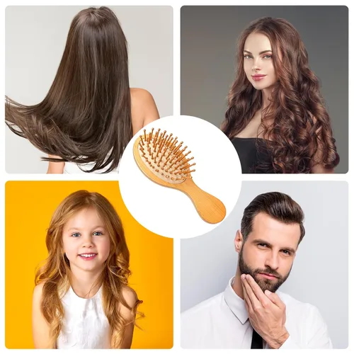 Vista 5 de Mini cepillo de bambú para el crecimiento del cabello, cepillo masajeador de madera natural con diseño de mango y pasadores de madera redondos
