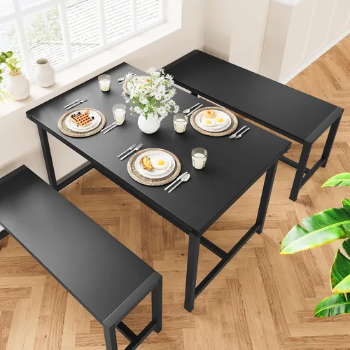 Vista 4 de Juego de mesa de comedor para 4 personas con 2 bancos, juego de mesa de cocina de 3 piezas, juego de comedor que ahorra espacio para cocina, Negro