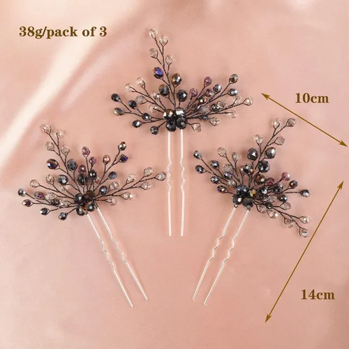Vista 4 de Kercisbeauty Juego de horquillas de cristal negro para boda para mujeres y niñas, juego de piezas de pelo de fiesta temática hechas a mano