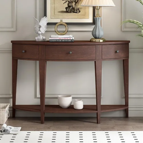 Vista 10 de Polibi Mesa consola Half Moon, mesa de entrada con cajón y estante, patas ajustables, diseño rústico vintage, mesa de sofá para entrada, sala