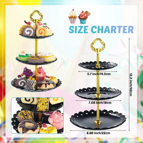 Vista 2 de 4 juegos de soporte de postre de plástico de 3 niveles, soporte negro para cupcakes, mini torta de frutas y dulces, bandeja reutilizable para servir