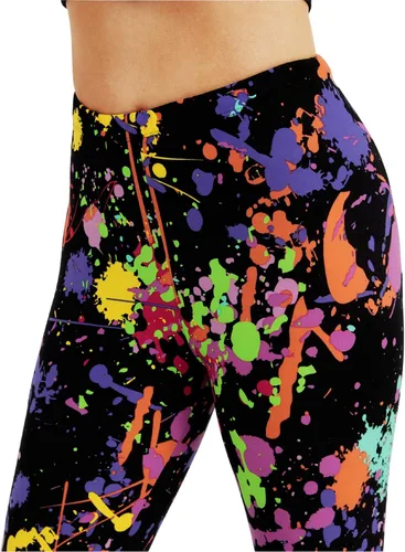 Vista 5 de sissycos - Leggings elásticos y suaves para mujer, con estampado salpicado artístico de neón y estilo de los años 80