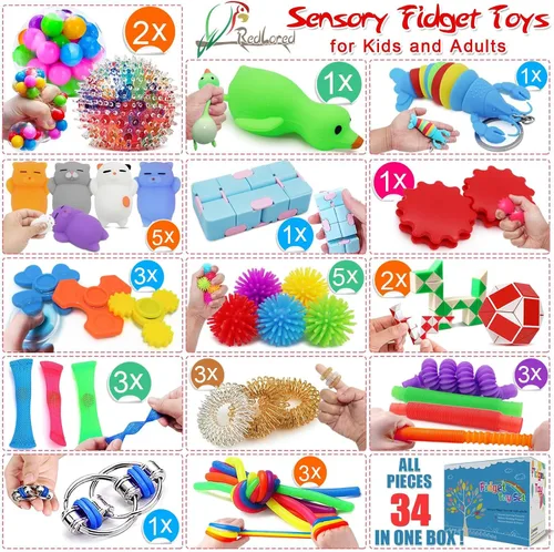 Vista 2 de 34 Piezas Juguetes Fidget, Juguetes Sensoriales Fidget para Alivio del Estrés para Niños Adultos Niños Niñas TDAH TOC Ansiedad Autismo, Premios Caja