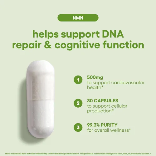 Vista 4 de NMN 500mg Cápsulas 99.3% Pureza Mononucleótido de nicotinamida 30 porciones Apoya la reparación del ADN y la función cognitiva Apto