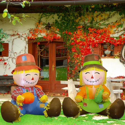 Vista 5 de Lulu Home Decoración inflable de otoño de 3.3 pies, juego de 2 espantapájaros soplados con aire para parejas con luces LED integradas para cosecha