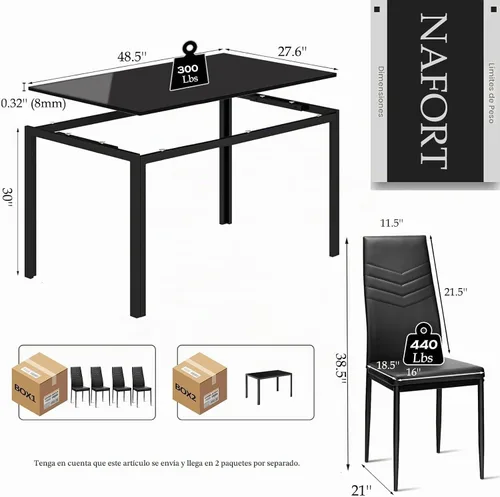 Vista 7 de NAFORT Juego de mesa de comedor para 4, mesa rectangular de vidrio templado de 48.5 pulgadas con 4 sillas de comedor de piel sintética negra, mesas