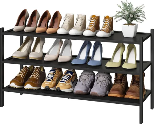 Vista 14 de kiplant Zapatero de bambú negro de 2 niveles, zapatero apilable de madera de bambú para armario, entrada y pasillo