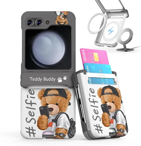 Vista 53 de para Galaxy Z Flip 5 Funda con 2 ranuras para tarjetas, funda rígida delgada y resistente con protección de bisagra, funda completa con protección