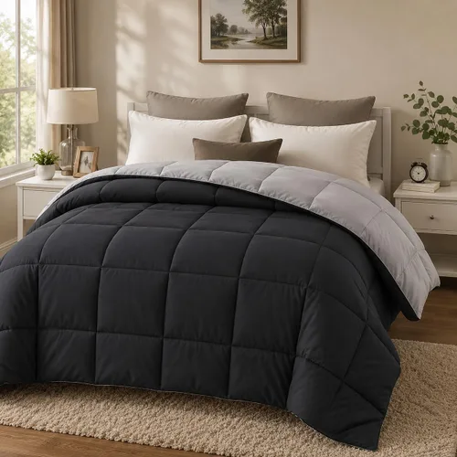 Vista 2 de EVOLIVE - Edredón reversible de microfibra, tamaño matrimonial/queen (negro/gris) Soft brushed microfiber with down-alternative fill offers