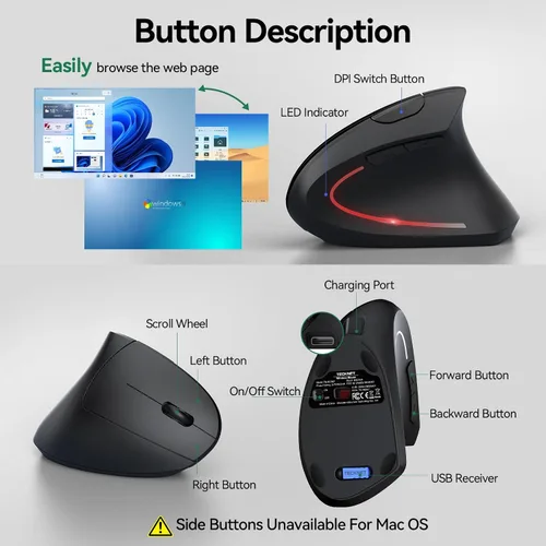 Vista 8 de TECKNET Ratón ergonómico inalámbrico, ratón Ergo vertical recargable Ratón óptico silencioso de 2.4 GHz, con 5 DPI ajustables (800-4800), mouse