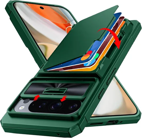 Vista 9 de CENMASO - Funda para Google Pixel 9 Pro XL con tarjetero (4 tarjetas), funda deslizante para cámara y función atril, bloqueo RFID, protección