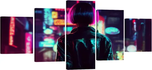 Vista 8 de Lienzo decorativo para pared, diseño de ciudad futurista Cyberpunk para sala de estar, impresión multipanel, obra de arte de cocina, pintura
