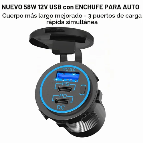 Vista 2 de Panel de Enchufe de Salida USB 12V: (4 en 1) Cargador USB C 12V de 58W Dual PD3.0 150W Enchufe de Encendedor de Cigarrillos Marino 12V Divisor