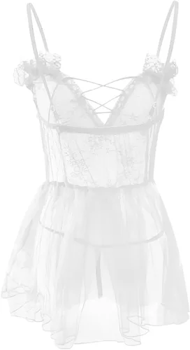 Vista 5 de Women Lingerie Lace Babydoll Chemise Ruffle Nightgown Sleepwear Sexy Maid Lingerie for Women Cosplay Lingerie