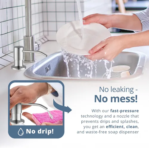 Vista 8 de SBEN Juego de dispensador de jabón de cocina empotrado (botella recargable grande de 17 oz incluida) - Dispensador de jabón de acero inoxidable