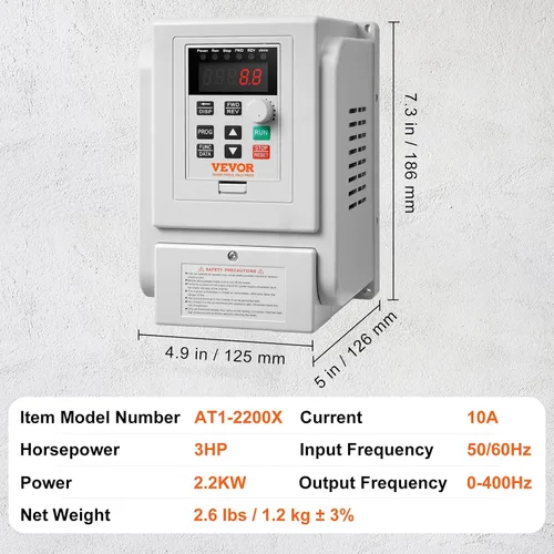 Vista 7 de VEVOR VFD 3HP, 2.2KW, 10A, Entrada 1 Fase 220V-240V a Salida 3 Fases 220V-240V Unidad de Frecuencia Variable, VFD 0-400Hz para Control de Velocidad