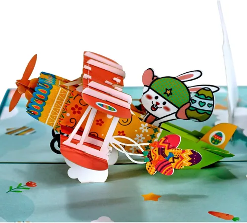 Vista 2 de ETA Tarjeta desplegable de Pascua 3D, conejito de Pascua en un avión, tarjeta de felicitación festiva, linda, divertida, tarjeta desplegable