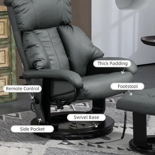 Vista 6 de HOMCOM Silla reclinable de masaje con otomana, reclinable giratorio de 360° y reposapiés, vibración de 10 puntos, silla reclinable de piel sintética