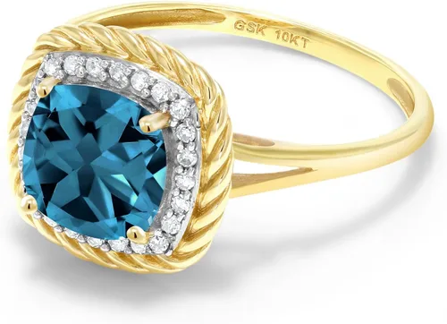Vista 4 de Gem Stone King Anillo de compromiso de oro amarillo de 10 quilates con piedra natal y diamante blanco Cojín de 0.276 in Anillo de oro