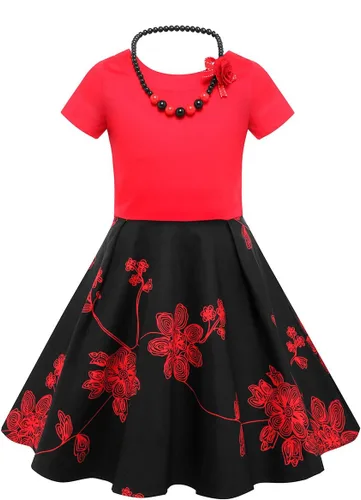 Vista 2 de Tao-Ge Vestido vintage de lunares para niñas, vestidos de fiesta retro de los años 50, vestido de fiesta con vuelo, talla 6-12 con collar