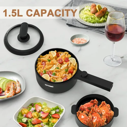Vista 4 de HYTRIC Olla eléctrica con vaporizador, sartén antiadherente portátil de 1.5 L, cocina eléctrica para carne, huevo, pasta, olla de ramen con doble