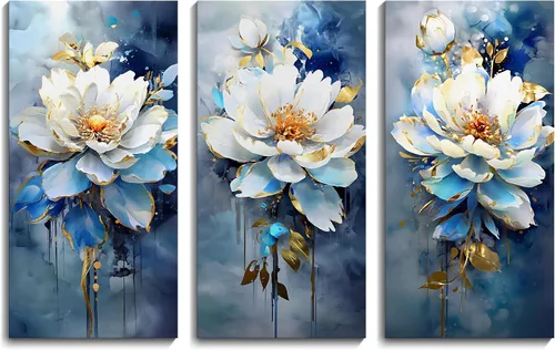 Vista 7 de AJAZIKO Arte de pared abstracto de flores, arte de pared floral, pinturas modernas para decoraciones de pared, decoración de pared familiar azul