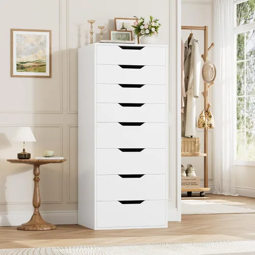Vista 2 de FACBOTALL Cómoda blanca alta, cómoda de 8 cajones con asas ranuradas, cómodas altas blancas, cómoda moderna con gran espacio de almacenamiento
