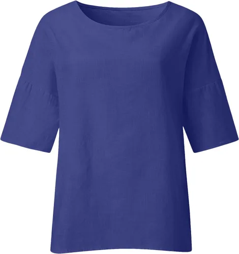 Vista 4 de Camisa básica de lino para mujer, cuello barco, media manga, de gran tamaño, ligera, de algodón, lino, suave, para verano, ropa