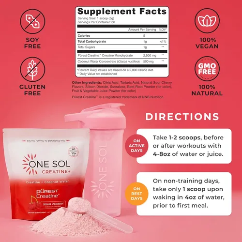 Vista 3 de One Sol Creatina para mujeres, polvo de creatina natural para mujer con creatina pura y agua de coco, aumenta la masa muscular magra, reduce